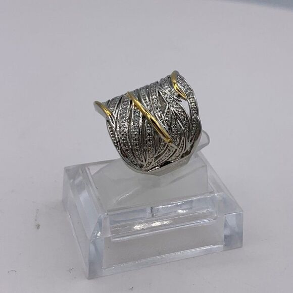 Ring, solid sterling 925, sz 6 and 7, pave gems, gold accents, cigar band - Picture 4 of 14